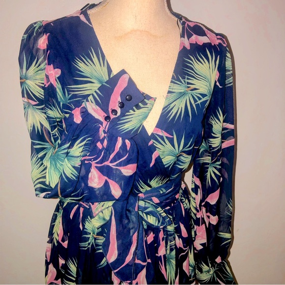 Blue Pink & Green Tropical Print, Faux Wrap, Long Sleeve, Maxi Dress - Picture 3 of 16